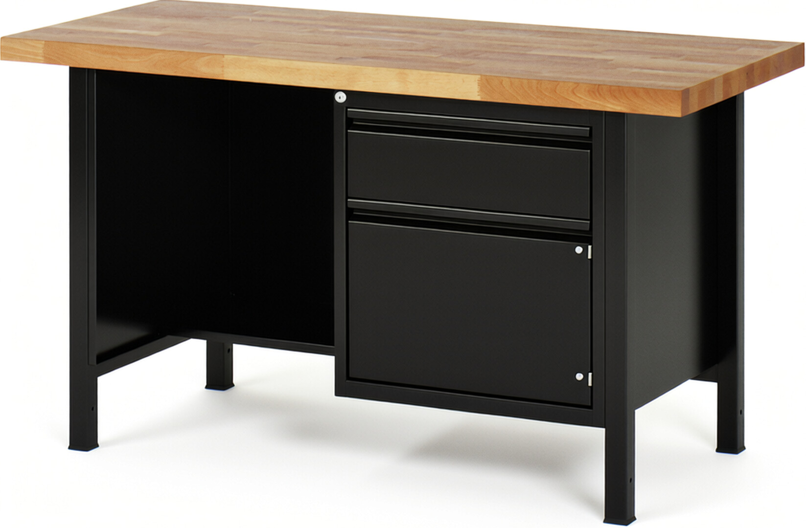 Werkbank - Modell 8455 BASIC schwarz, BxTxH 1500x700x840 mm,  Buche-Massiv Arbeitsplatte 40 mm,  1 Schublade mit  Auszug 90 %