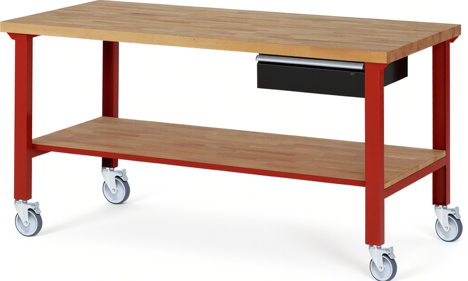 Fahrbare Werkbank Modell 7001 rot - schwarz, BxTxH 2000x900x1000 mm,  Buche-Massiv Arbeitsplatte 40 mm,  1 Schublade mit  Auszug 90 %