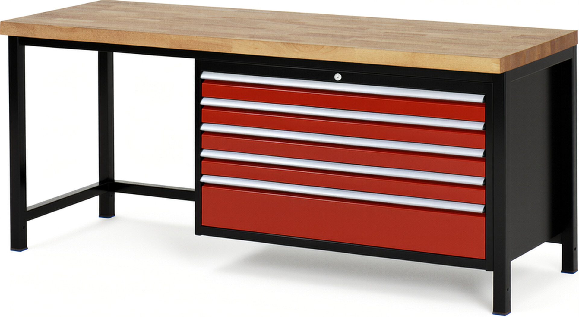 RAU Werkbank schwarz - rot - Breite 200 cm - Tiefe 70 cm - Höhe 104 cm - Buche-Massiv Arbeitsplatte 40 mm