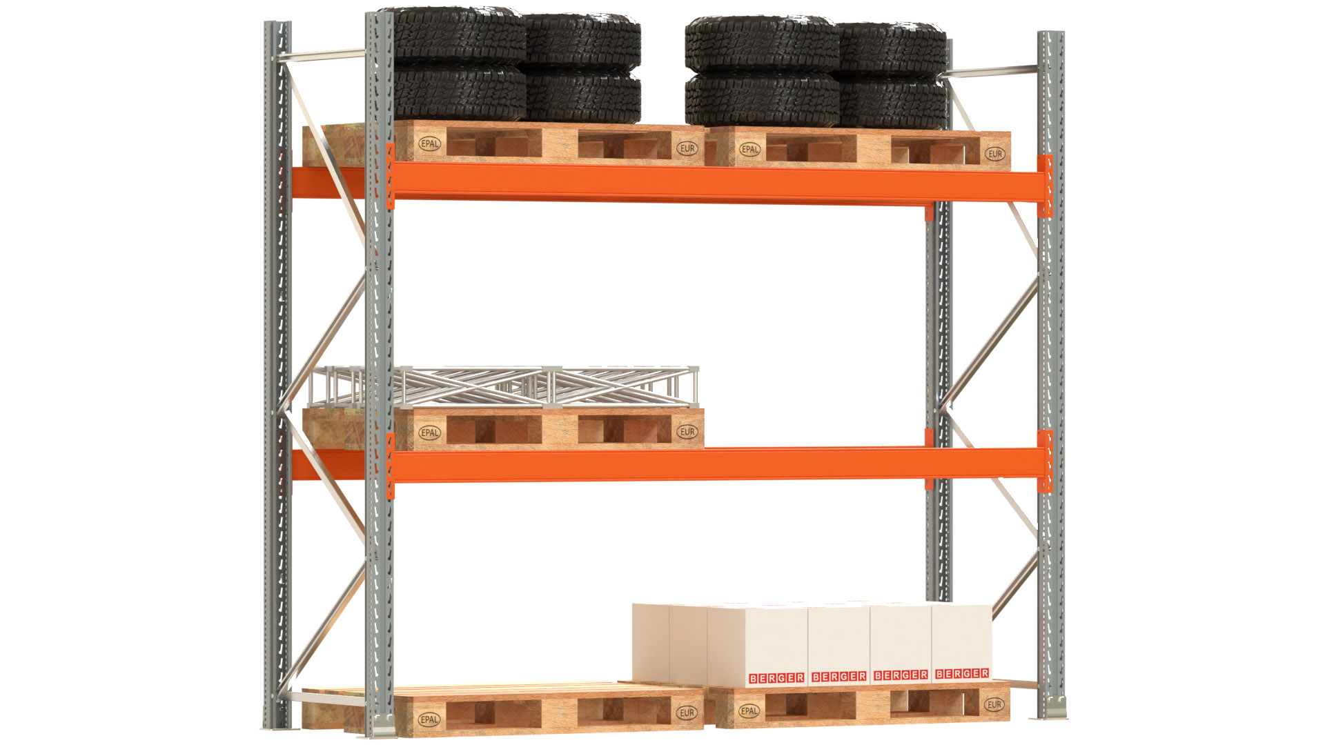 Palettenregal ARTUS - Breite 287 cm - Höhe 250 cm - Tiefe 80 cm - 2 Träger-Ebenen - Fachlast 2000 kg - 6 Palettenstellplätze
