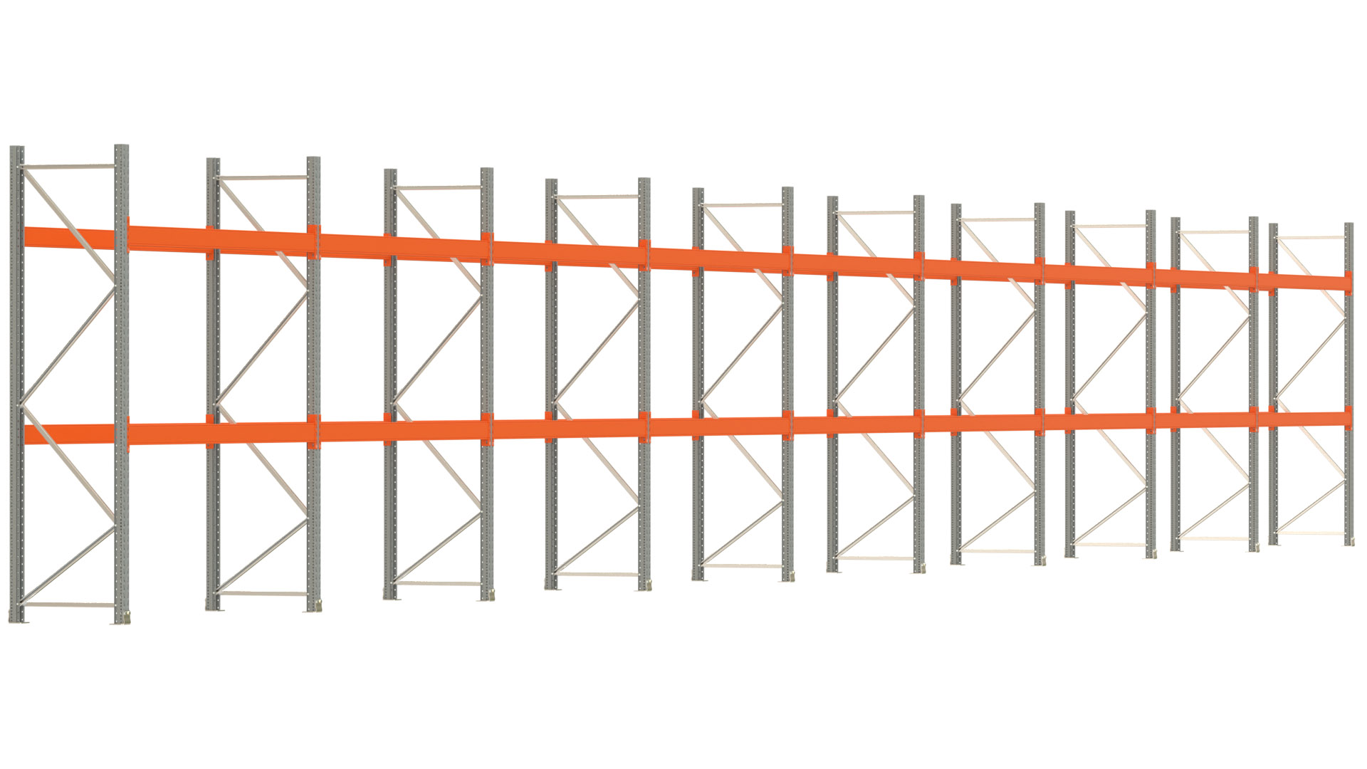 Palettenregal ARTUS - Breite 2515 cm - Höhe 300 cm - Tiefe 80 cm - 2 Träger-Ebenen - max. Fachlast 3000 kg - 54 Palettenstellplätze