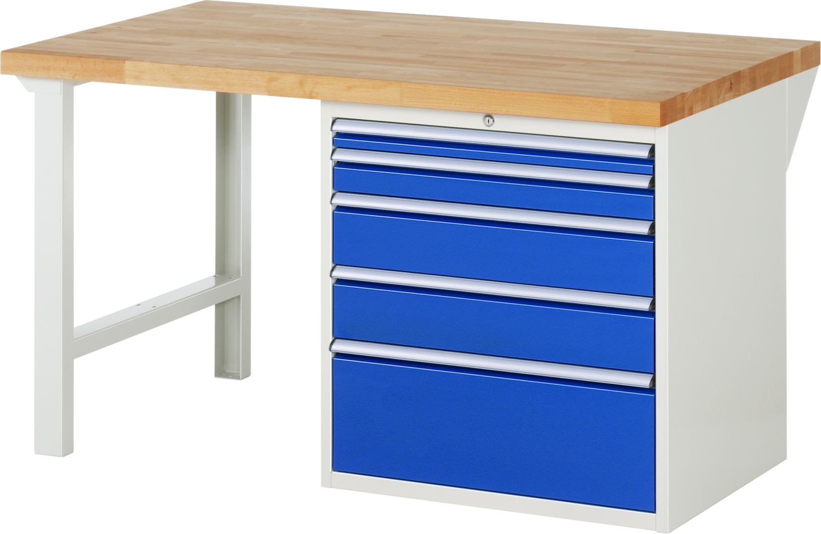 Werkbank Modell 7611,  BxTxH 1500x900x840 mm,  Buche-Massiv Arbeitsplatte 40 mm,  5 Schubladen mit  Auszug 90 %