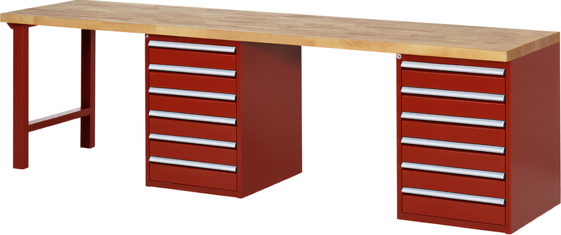 Werkbank Modell 7516 rot, BxTxH 3000x700x840 mm,  Buche-Massiv Arbeitsplatte 40 mm,  12 Schubladen mit  Vollauszug 100 % und  SoftClosing