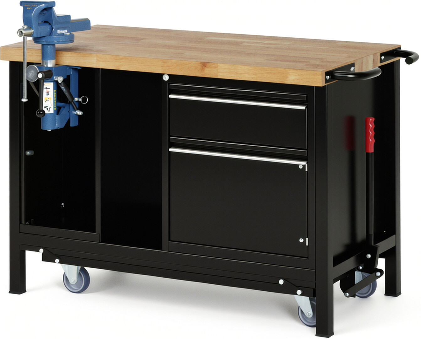 Absenkbare Werkbank - Modell 8181 BASIC schwarz, BxTxH 1250x700x880 mm,  Buche-Massiv Arbeitsplatte 40 mm,  1 Schublade mit  Auszug 90 %