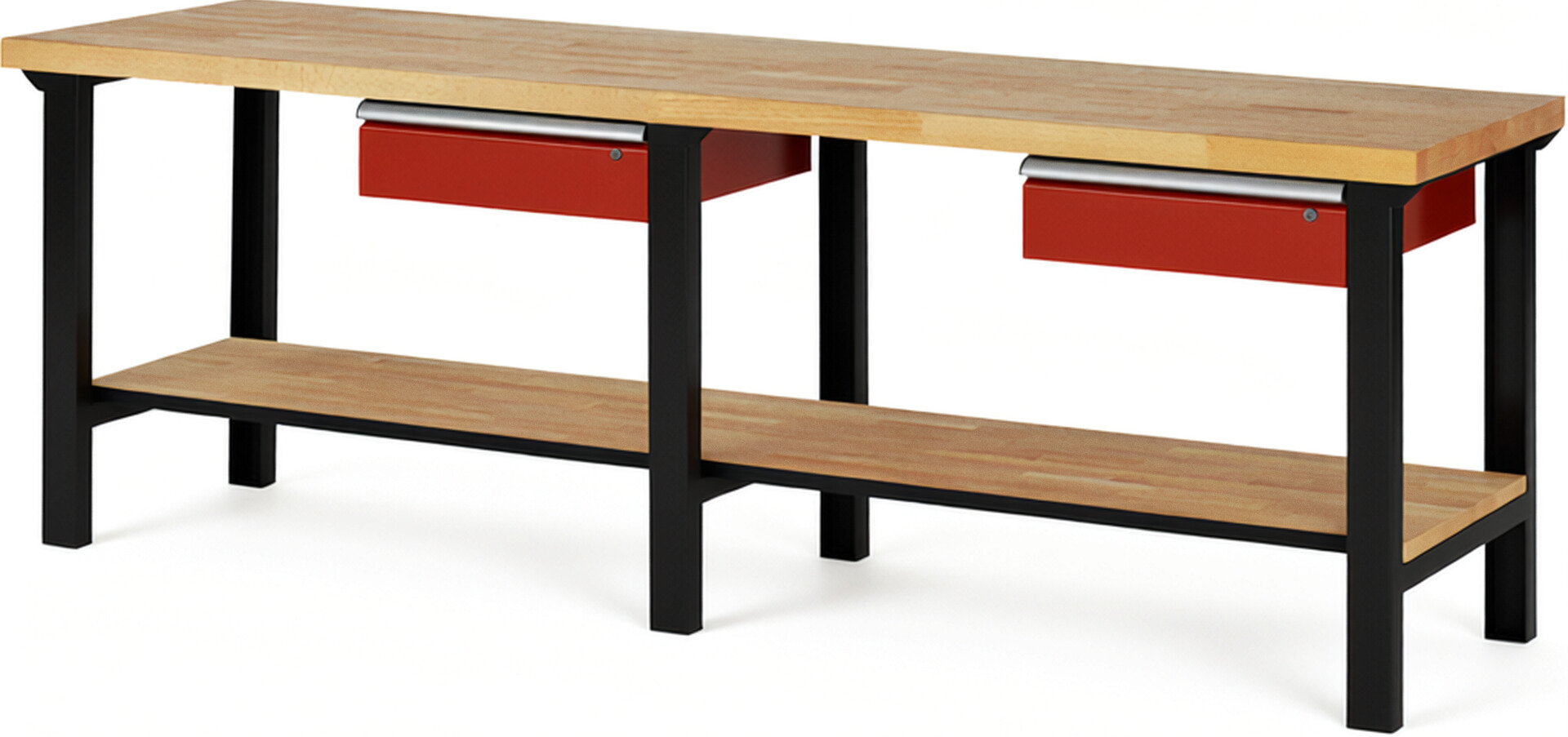 RAU Werkbank schwarz - rot - Breite 250 cm - Tiefe 70 cm - Höhe 84 cm - Buche-Massiv Arbeitsplatte 40 mm