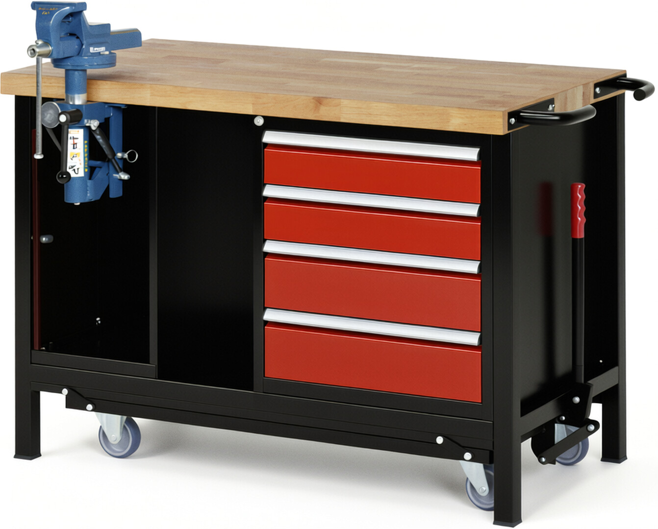 RAU Werkbank schwarz - rot - Breite 125 cm - Tiefe 70 cm - Höhe 88 cm - Buche-Massiv Arbeitsplatte 40 mm