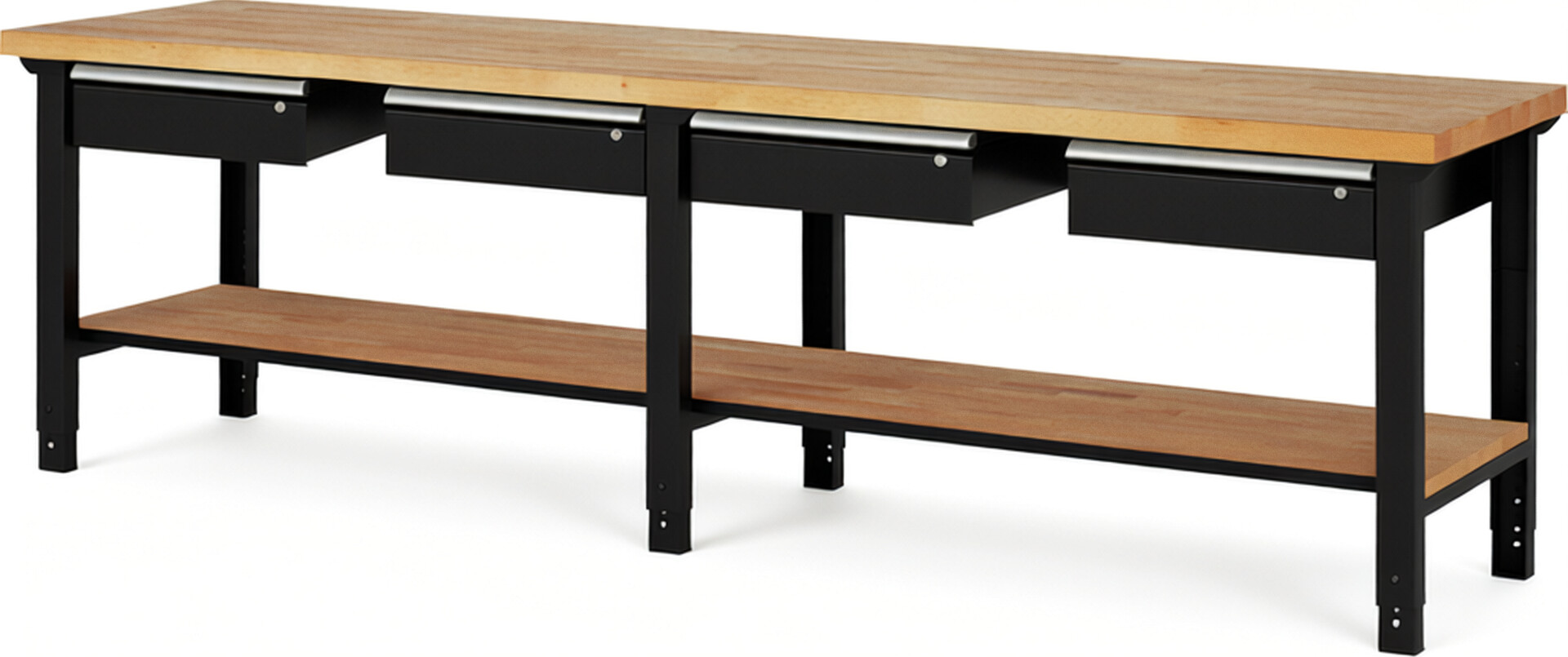 Werkbank Modell 7002 schwarz, BxTxH 3000x700x790-1140 mm,  Buche-Massiv Arbeitsplatte 40 mm,  4 Schubladen mit  Auszug 90 %