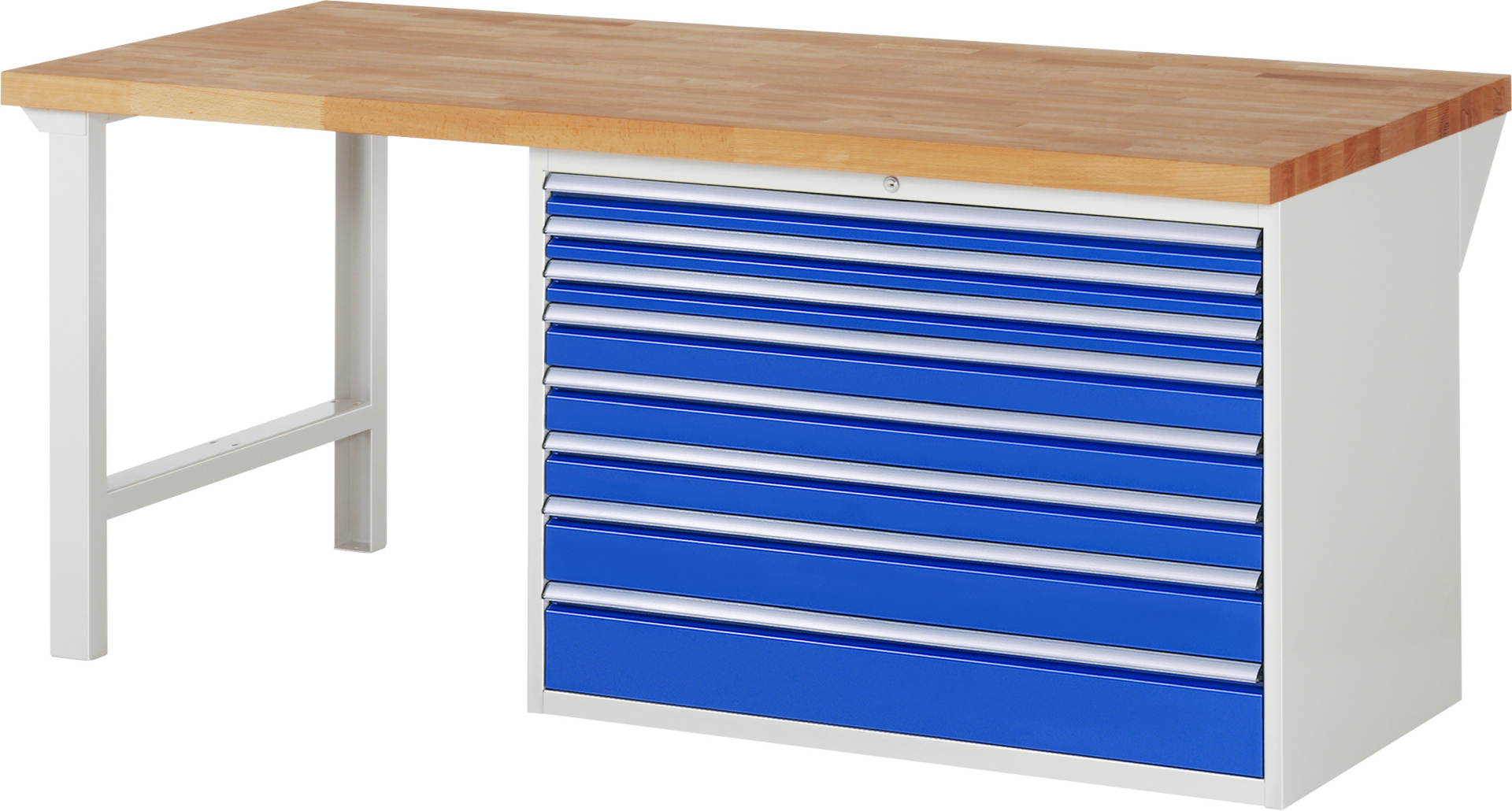 Werkbank Modell 7719 rot, BxTxH 2000x900x840 mm,  Buche-Massiv Arbeitsplatte 40 mm,  8 Schubladen mit  Auszug 90 %