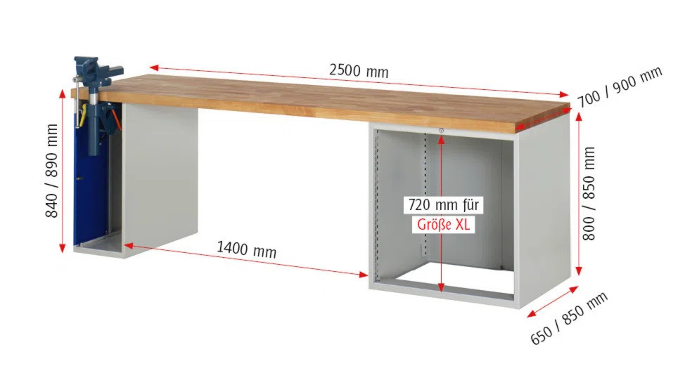 Werkbank Modell 7610 rot - schwarz, BxTxH 2500x900x840 mm,  Buche-Massiv Arbeitsplatte 40 mm,  4 Schubladen mit  Vollauszug 100 % und  SoftClosing