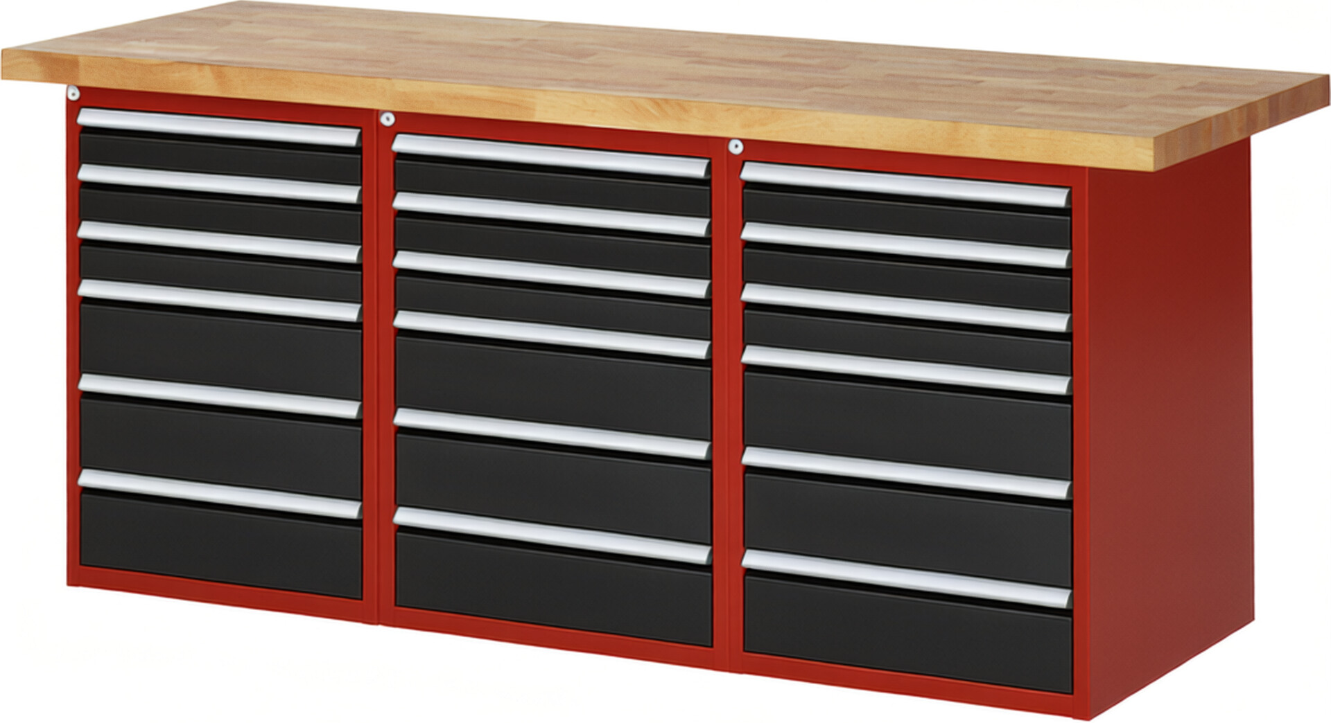 Werkbank Modell 7515 rot - schwarz, BxTxH 2000x700x890 mm,  Buche-Massiv Arbeitsplatte 40 mm,  18 Schubladen mit  Vollauszug 100 % und  SoftClosing
