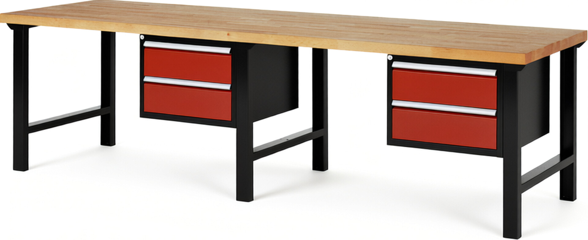 RAU Werkbank schwarz - rot - Breite 300 cm - Tiefe 90 cm - Höhe 84 cm - Buche-Massiv Arbeitsplatte 40 mm