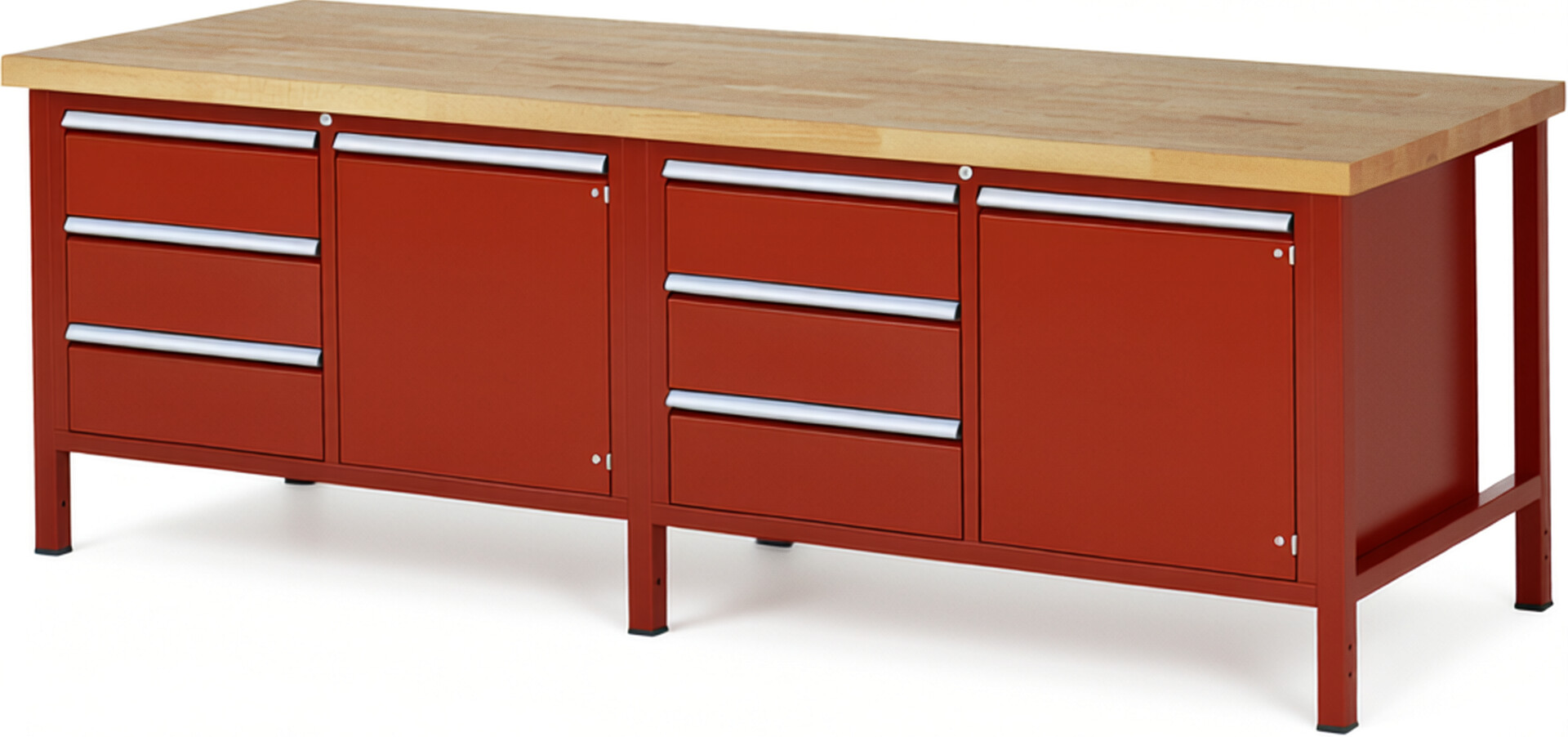 Werkbank Modell 8468 rot, BxTxH 2500x900x840-1040 mm,  Buche-Massiv Arbeitsplatte 40 mm,  6 Schubladen mit  Auszug 90 %