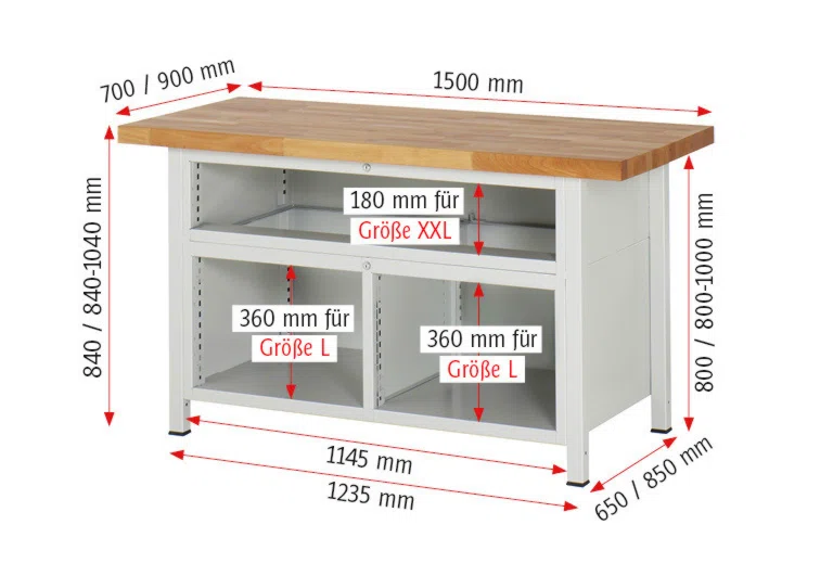 Werkbank Modell 8923 schwarz, BxTxH 1500x900x840-1040 mm,  Buche-Massiv Arbeitsplatte 40 mm,  9 Schubladen mit  Auszug 90 %