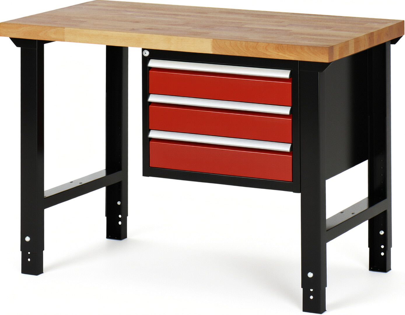 RAU Werkbank schwarz - rot - Breite 125 cm - Tiefe 70 cm - Höhe 114 cm - Buche-Massiv Arbeitsplatte 40 mm