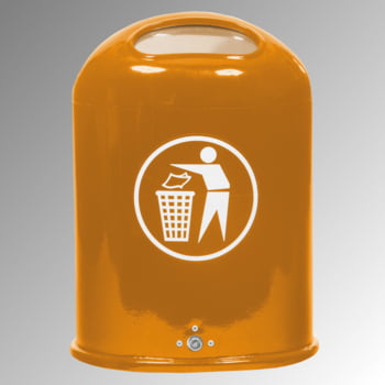 Ovaler Abfallbehälter mit Federklappe - mit Aufkleber - Pfosten-/Wandmontage - 45l - gelborange