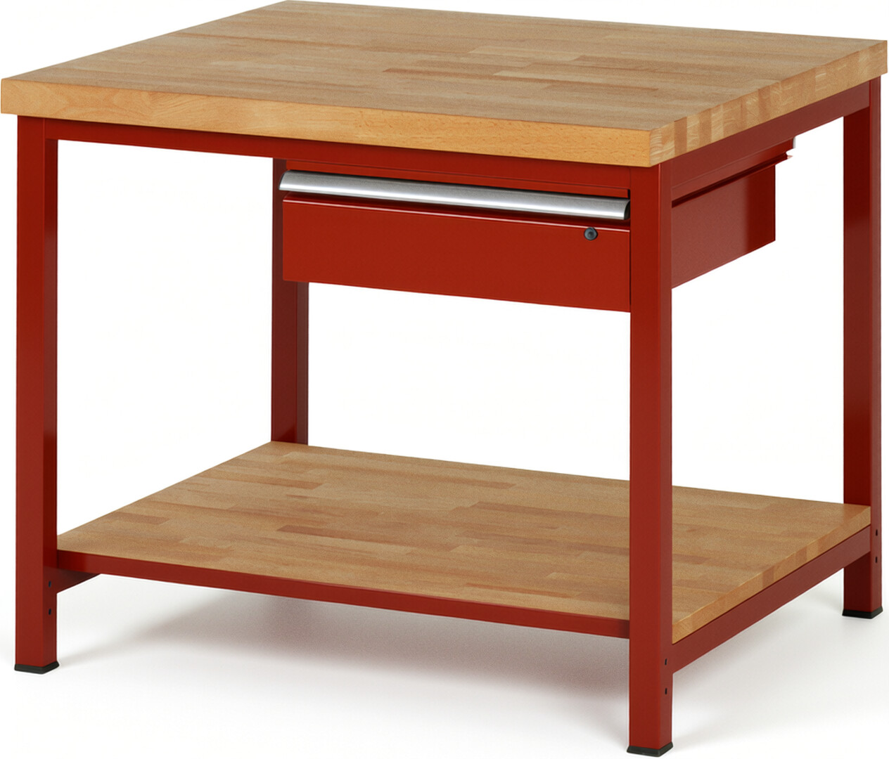Werkbank Modell 8001 rot, BxTxH 1000x900x840-1040 mm,  Buche-Massiv Arbeitsplatte 40 mm,  1 Schublade mit  Auszug 90 %