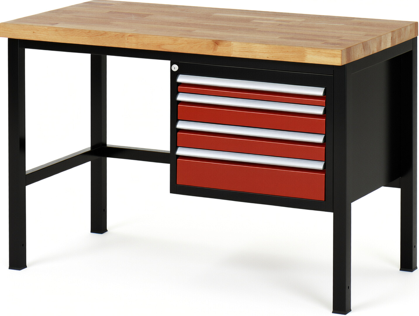 Werkbank Modell 8132 schwarz-rot, BxTxH 1250x700x840-1040 mm,  Buche-Massiv Arbeitsplatte 40 mm,  4 Schubladen mit  Vollauszug 100 % und  SoftClosing