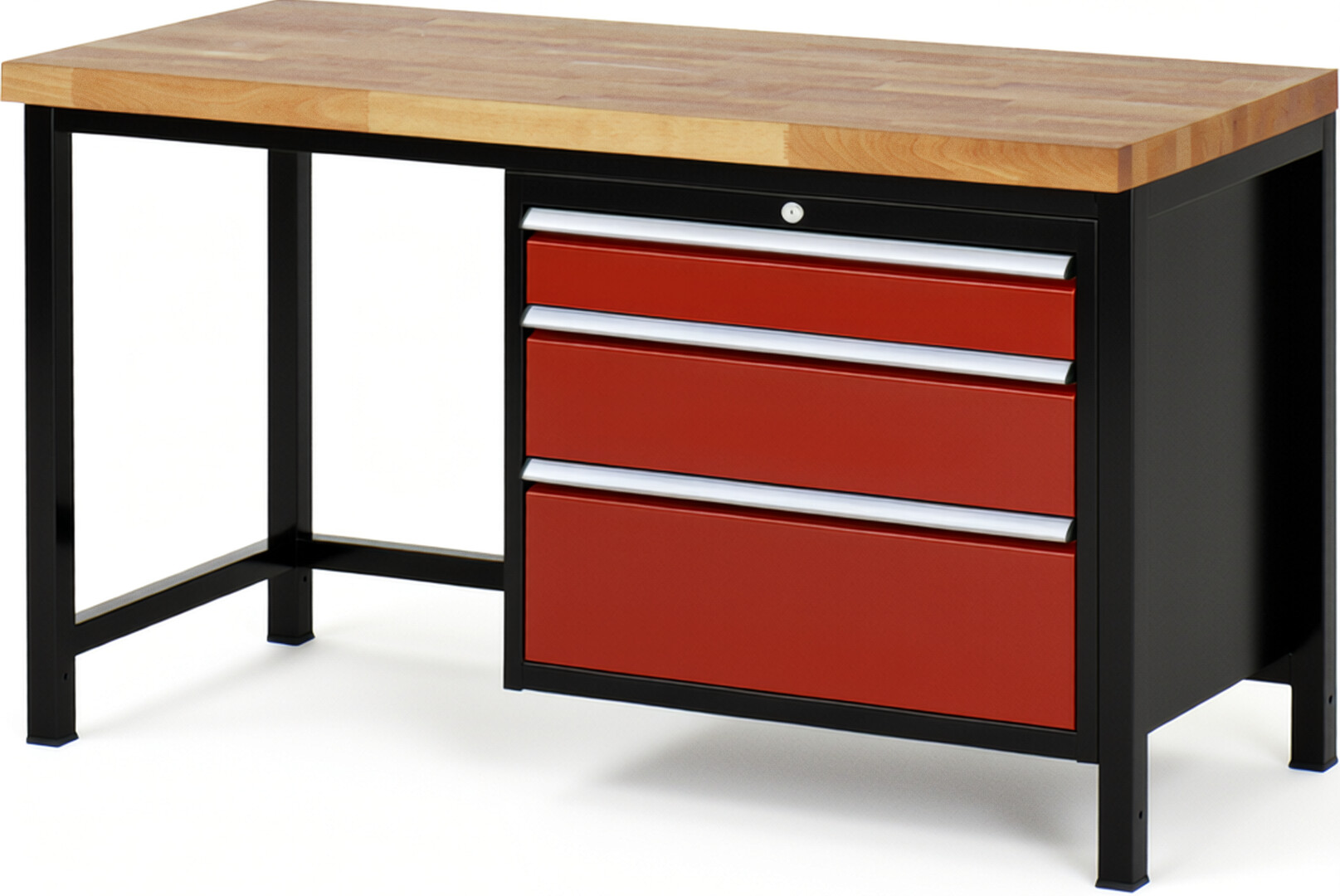 Werkbank Modell 8259 schwarz-rot, BxTxH 1500x700x840 mm,  Buche-Massiv Arbeitsplatte 40 mm,  3 Schubladen mit  Auszug 90 %