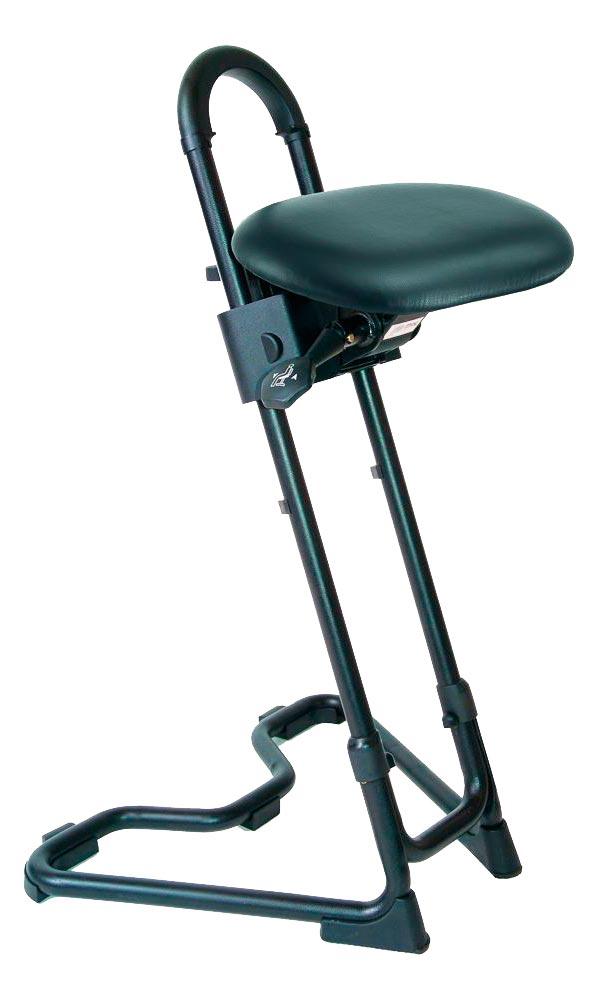 Stehhilfe , Sitz Kunstleder, Sitzhöhenverstellung 610-860 mm, Stahlrohr schwarz, drehbar, klappbar, mit Rollen, bis 120 kg
