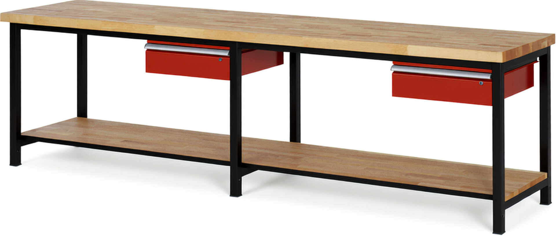 RAU Werkbank schwarz - rot - Breite 300 cm - Tiefe 70 cm - Höhe 104 cm - Buche-Massiv Arbeitsplatte 40 mm