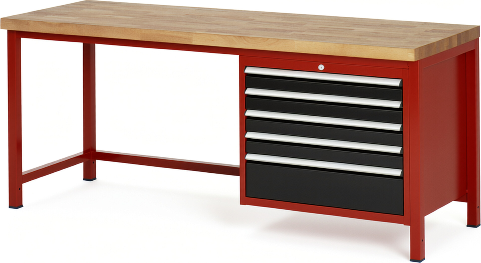 Werkbank Modell 8268 rot - schwarz, BxTxH 2000x700x840-1040 mm,  Buche-Massiv Arbeitsplatte 40 mm,  5 Schubladen mit  Auszug 90 %