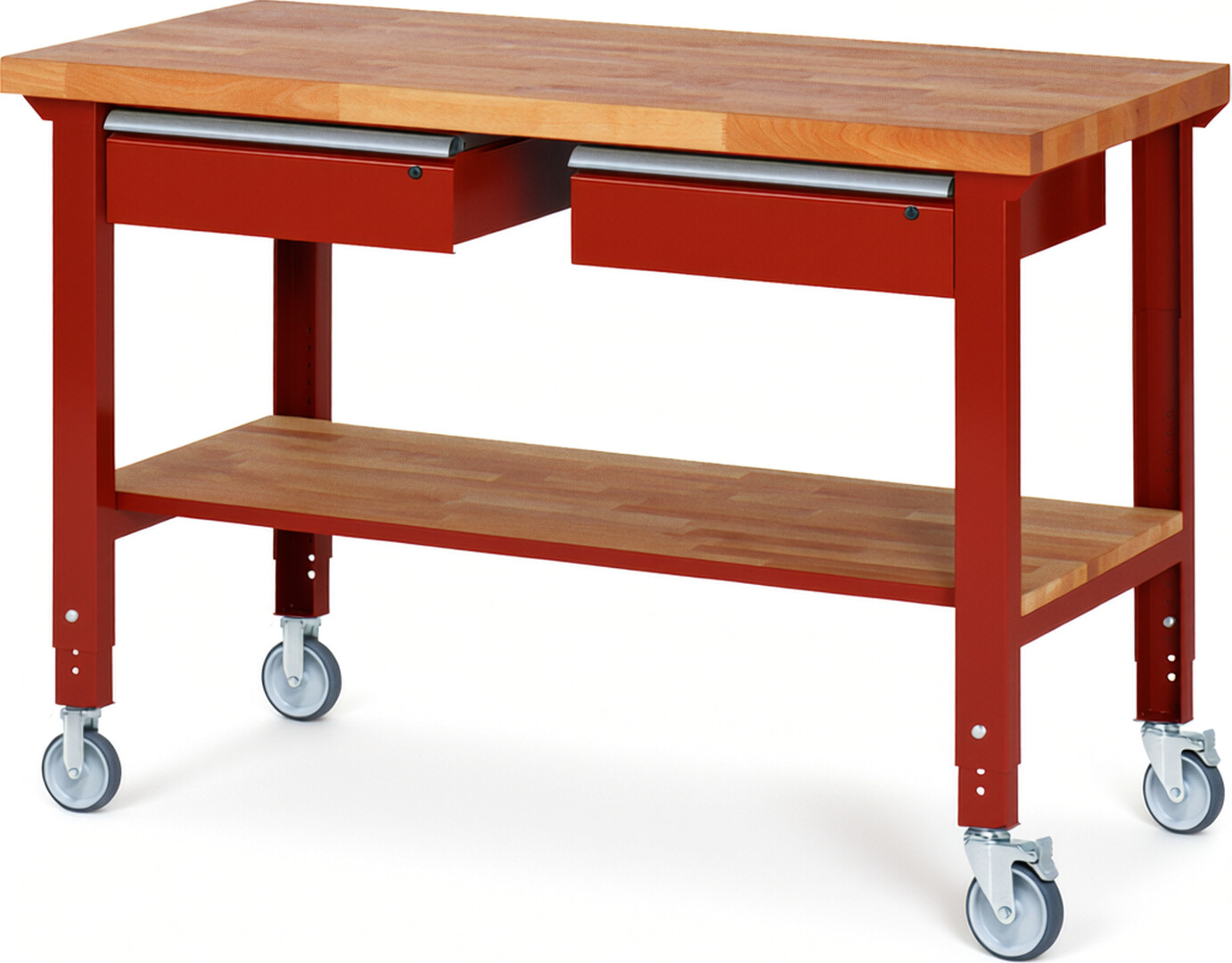Fahrbare Werkbank Modell 7002 rot, BxTxH 1500x700x950-1000 mm,  Buche-Massiv Arbeitsplatte 40 mm,  2 Schubladen mit  Auszug 90 %