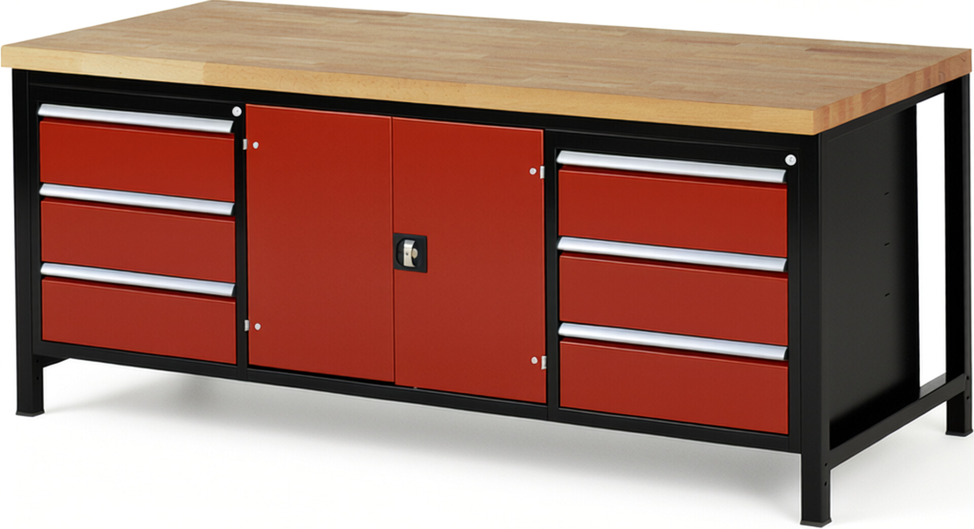 RAU Werkbank schwarz - rot - Breite 200 cm - Tiefe 90 cm - Höhe 104 cm - Buche-Massiv Arbeitsplatte 40 mm