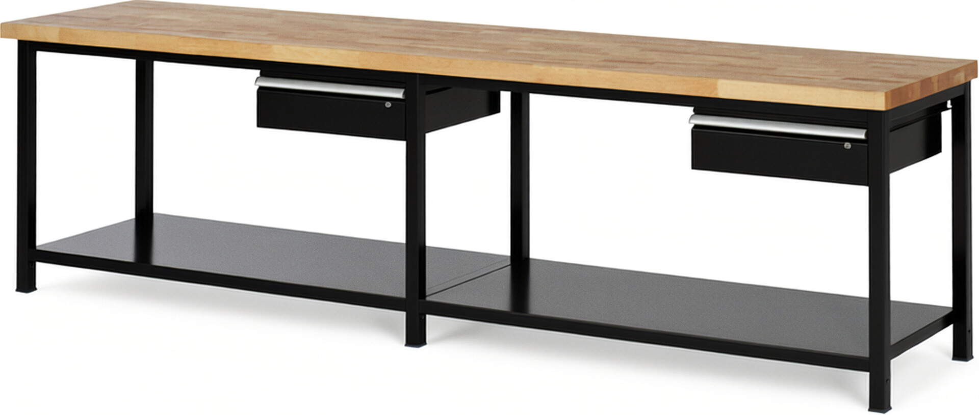 Werkbank Modell 8001 schwarz, BxTxH 3000x700x840 mm,  Buche-Massiv Arbeitsplatte 40 mm,  2 Schubladen mit  Auszug 90 %