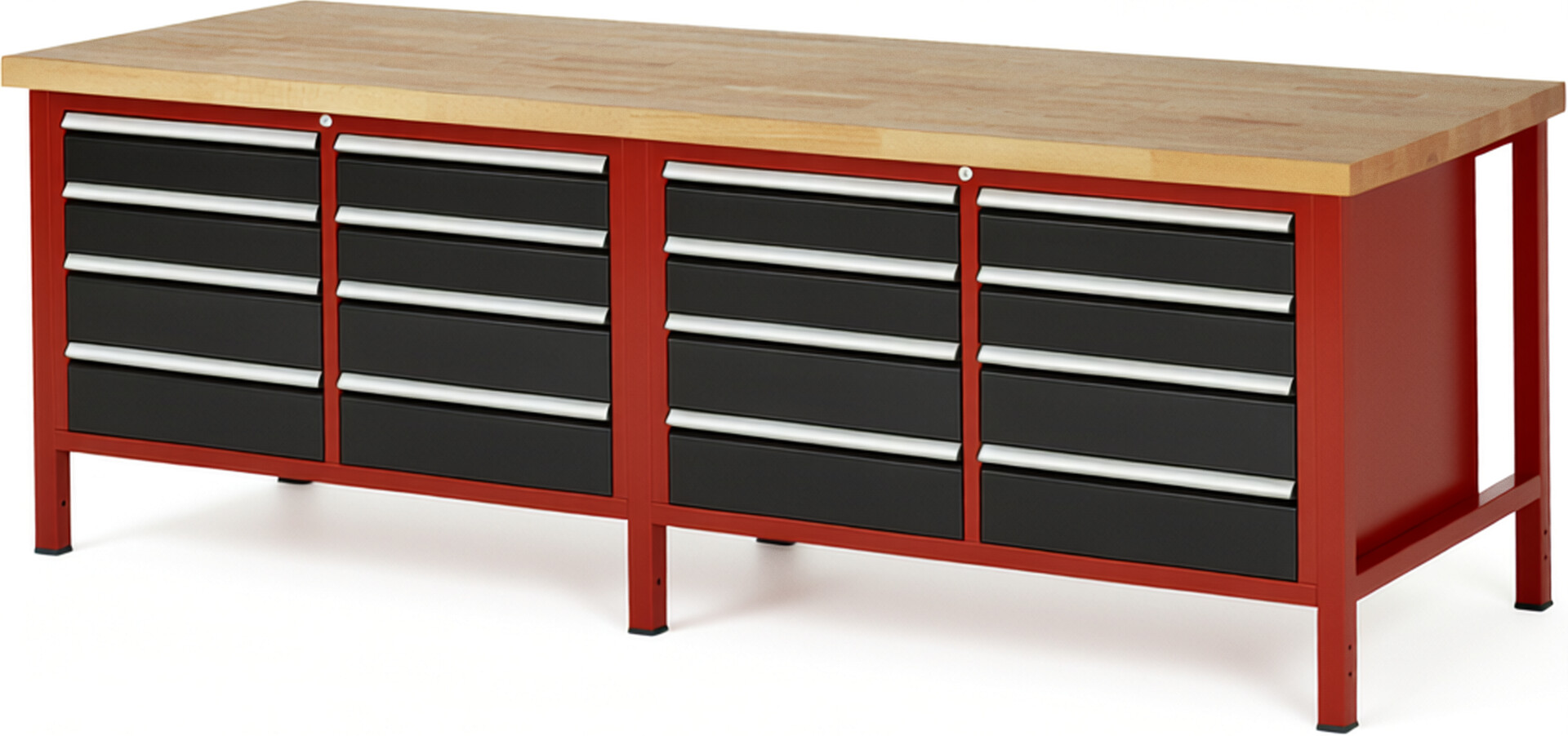 Werkbank Modell 8477 rot - schwarz, BxTxH 2500x900x840-1040 mm,  Buche-Massiv Arbeitsplatte 40 mm,  16 Schubladen mit  Auszug 90 %