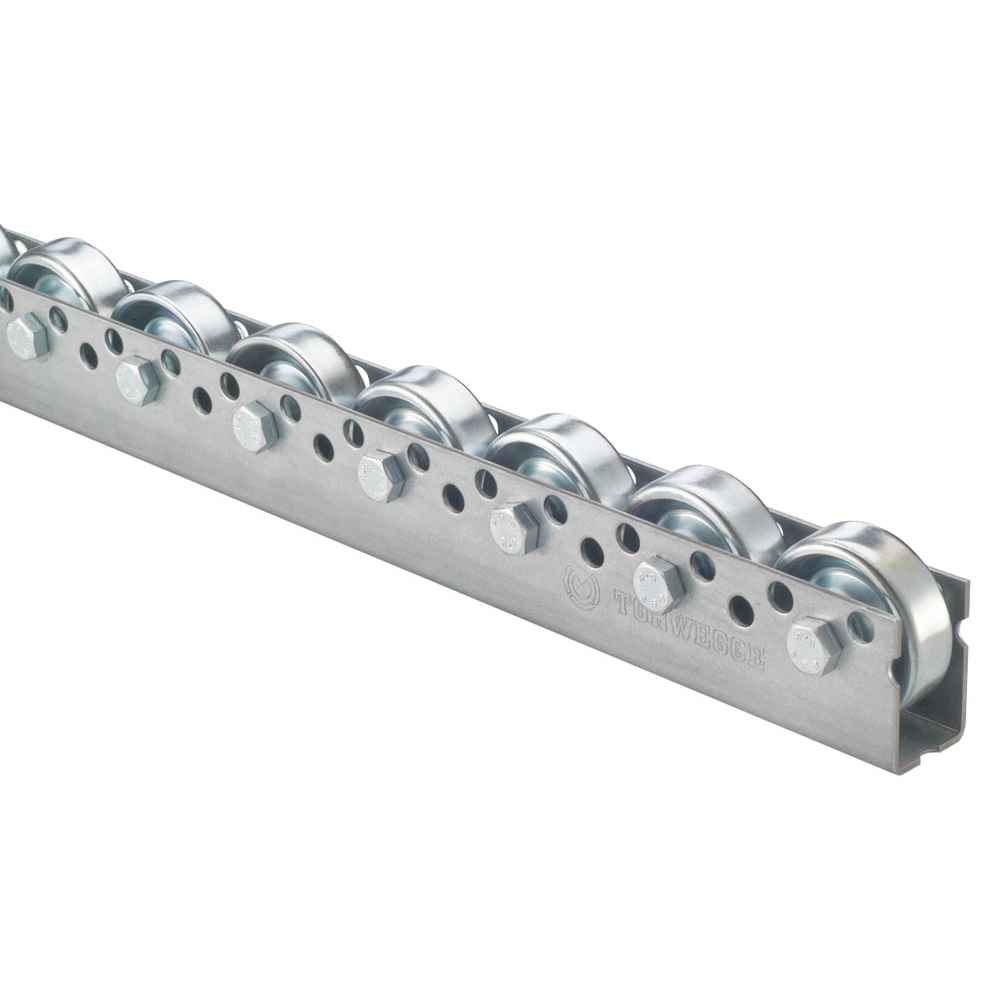 Universal-Rollenschiene, Profil 44x28x44x2 mm, verzinkt, Stahlrollen mit Kugellager, Traglast 20 kg/Rolle, Bauhöhe 53 mm, Achsabstand 125 mm