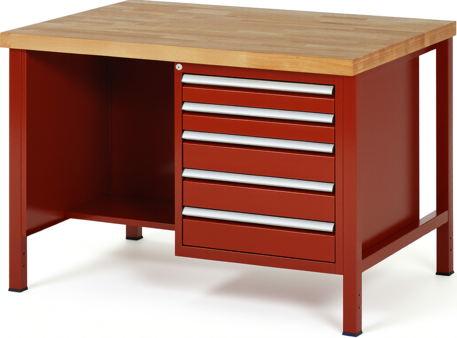 Werkbank Modell 8454 rot, BxTxH 1250x900x840 mm,  Buche-Massiv Arbeitsplatte 40 mm,  5 Schubladen mit  Vollauszug 100 % und  SoftClosing