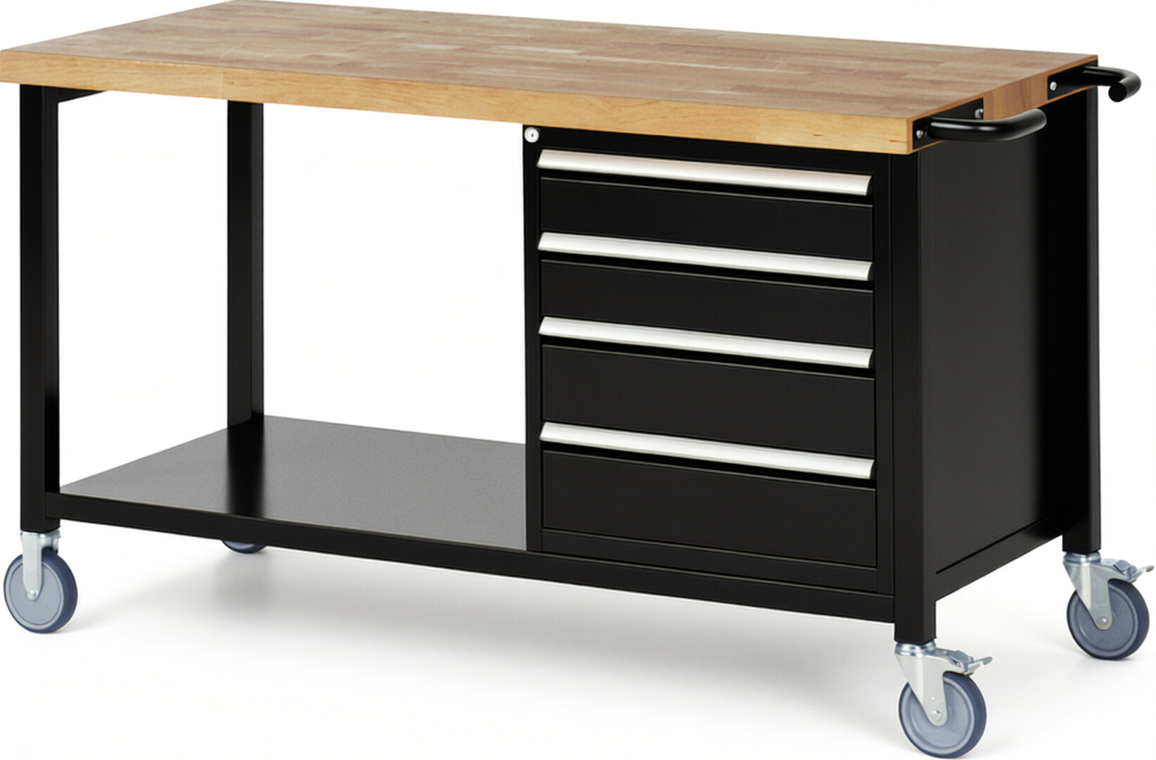 Fahrbare Werkbank Modell 8162 schwarz, BxTxH 1500x700x880 mm,  Buche-Massiv Arbeitsplatte 40 mm,  4 Schubladen mit  Auszug 90 %