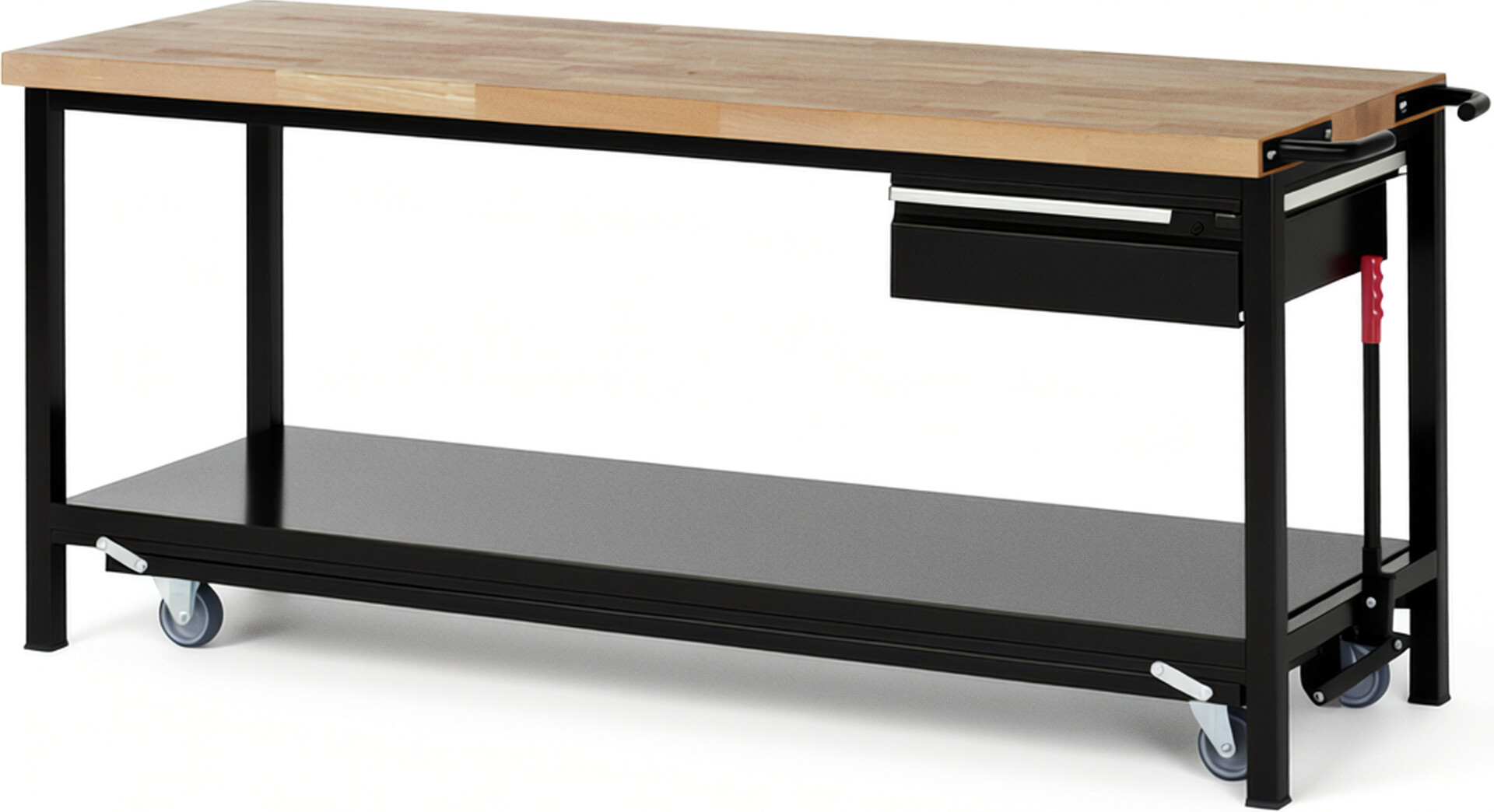 Absenkbare Werkbank - Modell 8001 BASIC schwarz, BxTxH 2000x700x880 mm,  Buche-Massiv Arbeitsplatte 40 mm,  1 Schublade mit  Auszug 90 %