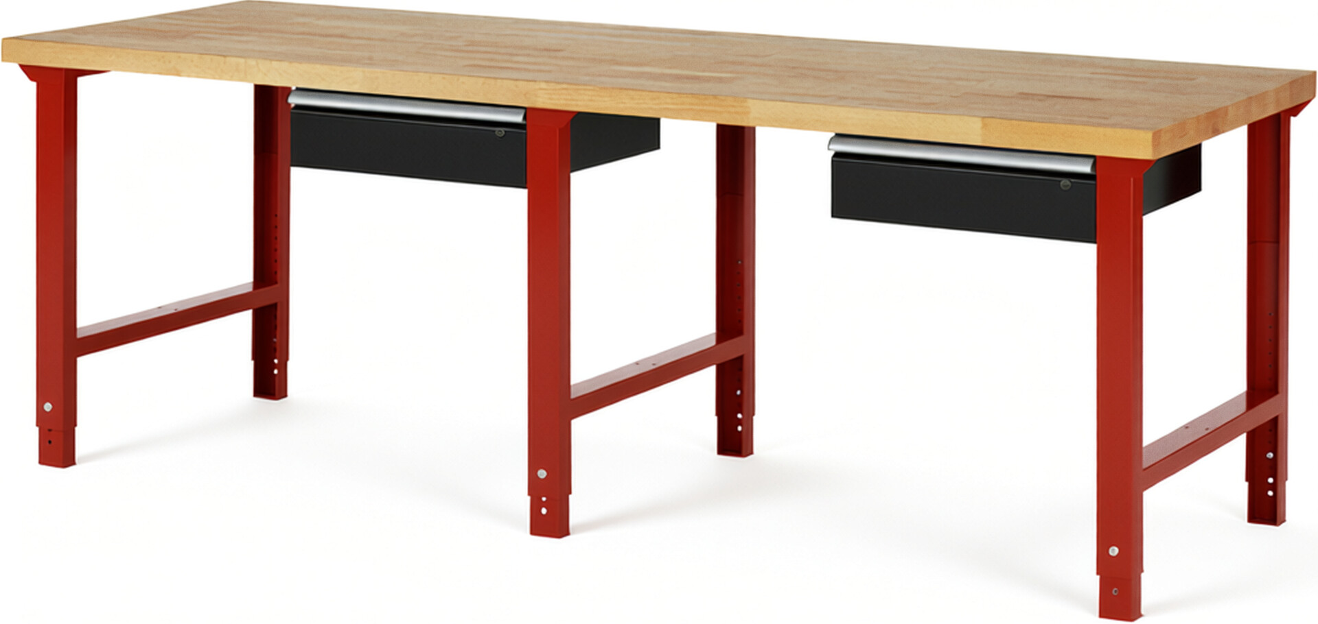 Werkbank Modell 7001 rot - schwarz, BxTxH 2500x900x790-1140 mm,  Buche-Massiv Arbeitsplatte 40 mm,  2 Schubladen mit  Auszug 90 %