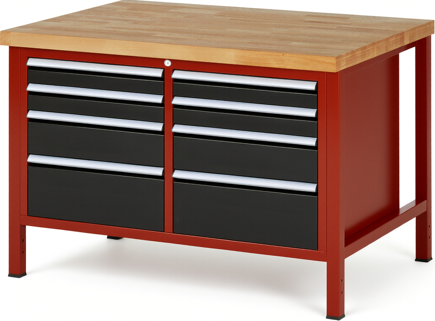 Werkbank Modell 8478 rot - schwarz, BxTxH 1250x900x840-1040 mm,  Buche-Massiv Arbeitsplatte 40 mm,  8 Schubladen mit  Vollauszug 100 % und  SoftClosing