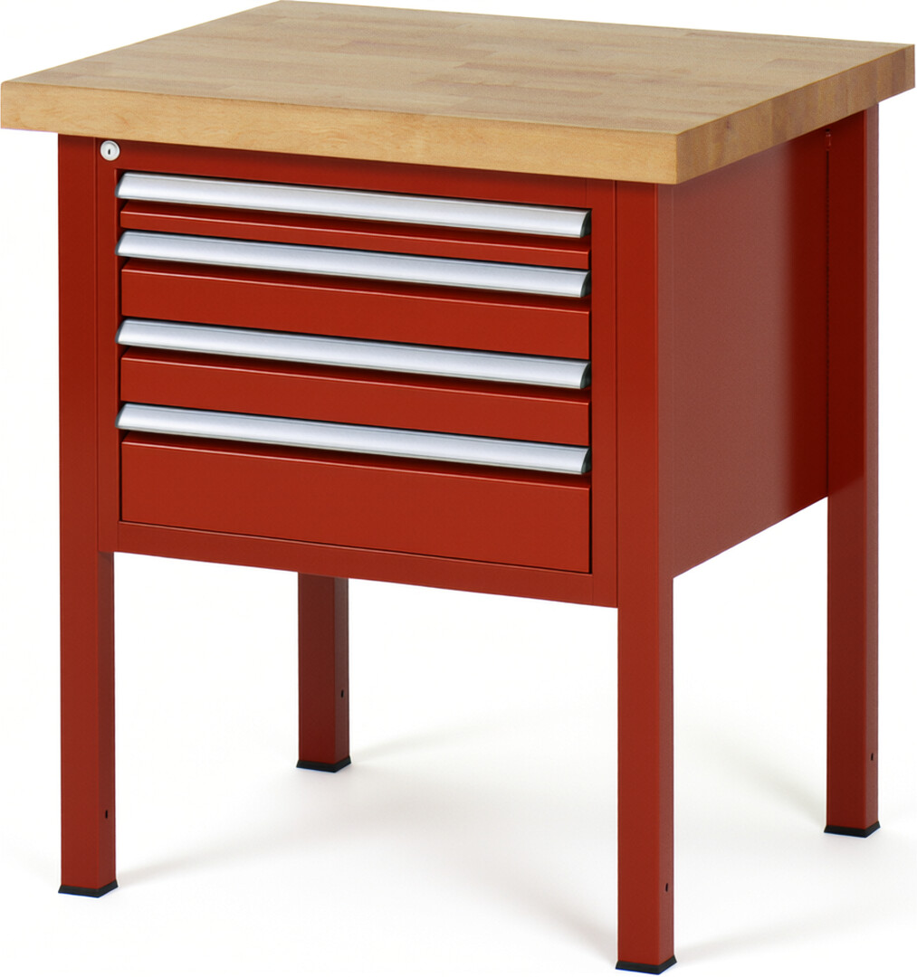 Werkbank Modell 8132 rot, BxTxH 750x700x840-1040 mm,  Buche-Massiv Arbeitsplatte 40 mm,  4 Schubladen mit  Vollauszug 100 % und  SoftClosing