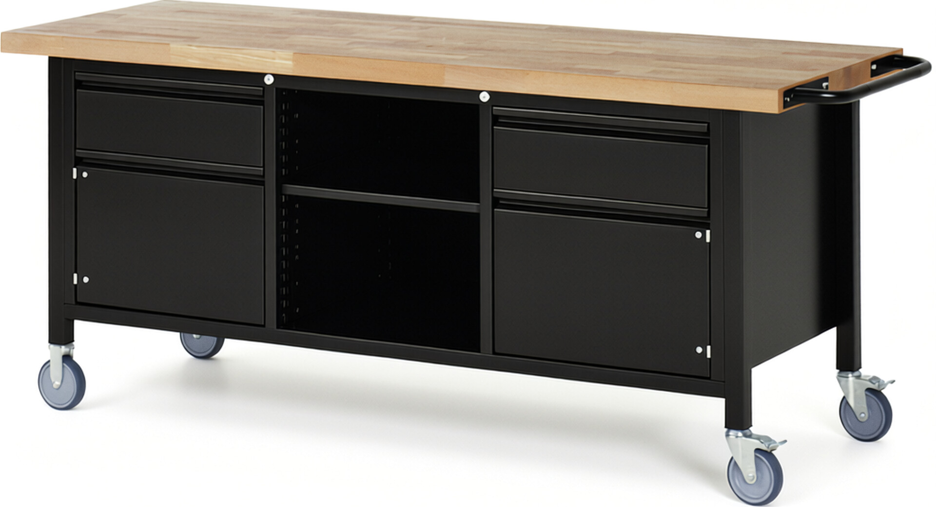 RAU Werkbank schwarz - Breite 200 cm - Tiefe 70 cm - Höhe 88 cm - Buche-Massiv Arbeitsplatte 40 mm