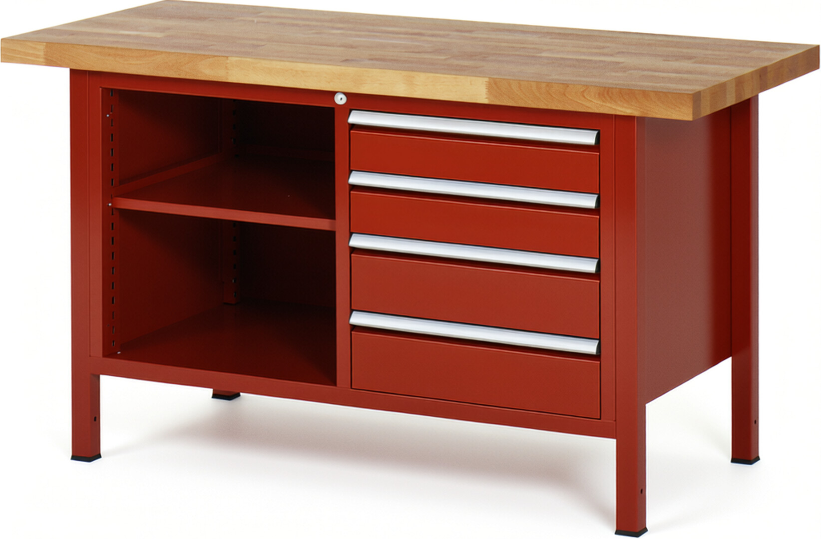 Werkbank Modell 8463 rot, BxTxH 1500x700x840-1040 mm,  Buche-Massiv Arbeitsplatte 40 mm,  4 Schubladen mit  Auszug 90 %
