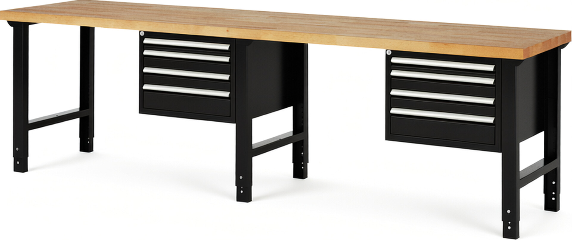 Werkbank Modell 7132 schwarz, BxTxH 3000x700x790-1140 mm,  Buche-Massiv Arbeitsplatte 40 mm,  8 Schubladen mit  Auszug 90 %