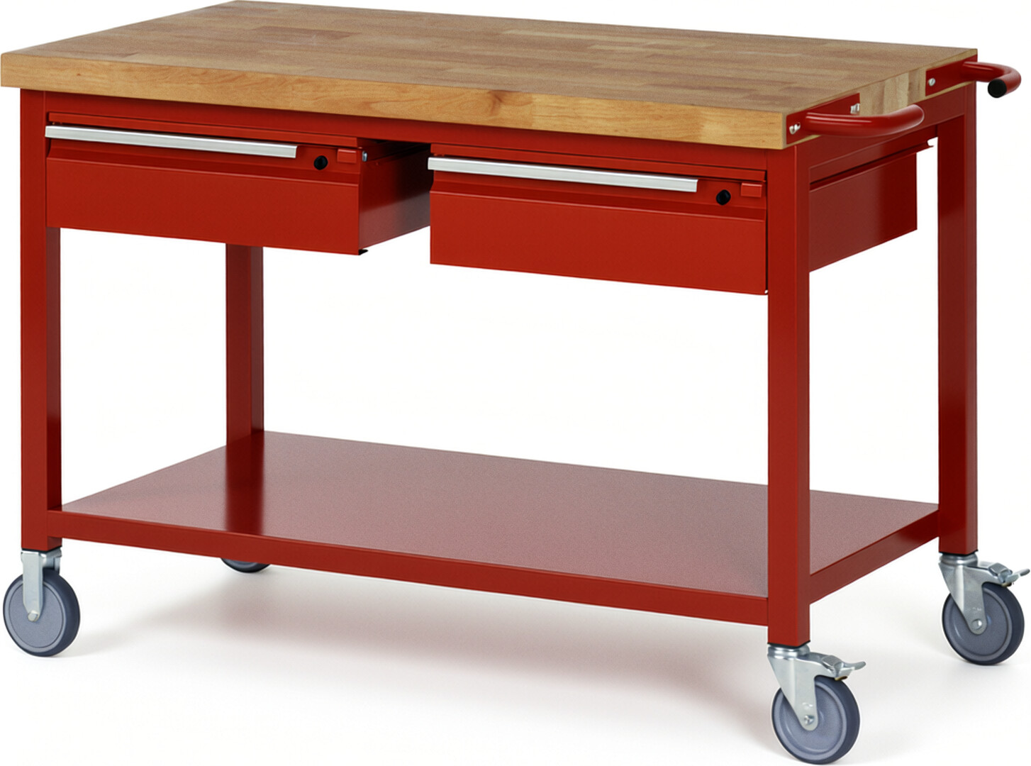 Fahrbare Werkbank - Modell 8002 BASIC rot, BxTxH 1250x700x880 mm,  Buche-Massiv Arbeitsplatte 40 mm,  2 Schubladen mit  Auszug 90 %