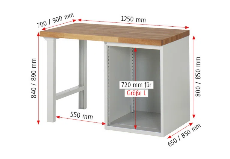 Werkbank Modell 7519 rot, BxTxH 1250x900x890 mm,  Buche-Massiv Arbeitsplatte 40 mm,  8 Schubladen mit  Auszug 90 %