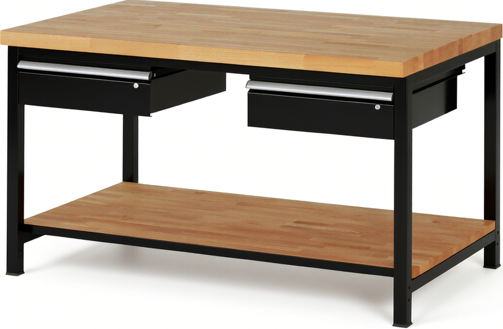 RAU Werkbank schwarz - Breite 150 cm - Tiefe 90 cm - Höhe 104 cm - Buche-Massiv Arbeitsplatte 40 mm