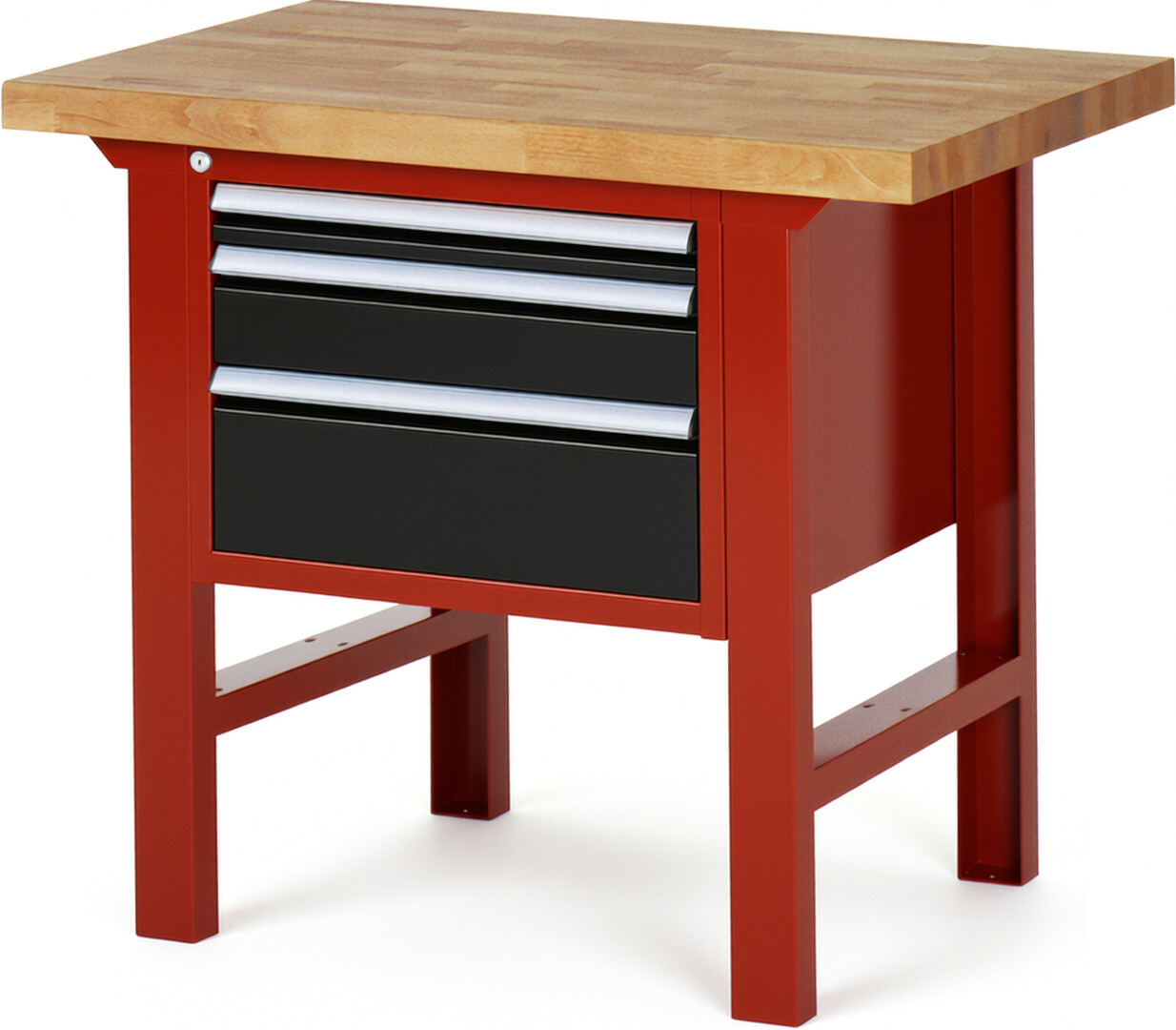 Werkbank Modell 7126 rot - schwarz, BxTxH 1000x700x840 mm,  Buche-Massiv Arbeitsplatte 40 mm,  3 Schubladen mit  Vollauszug 100 % und  SoftClosing