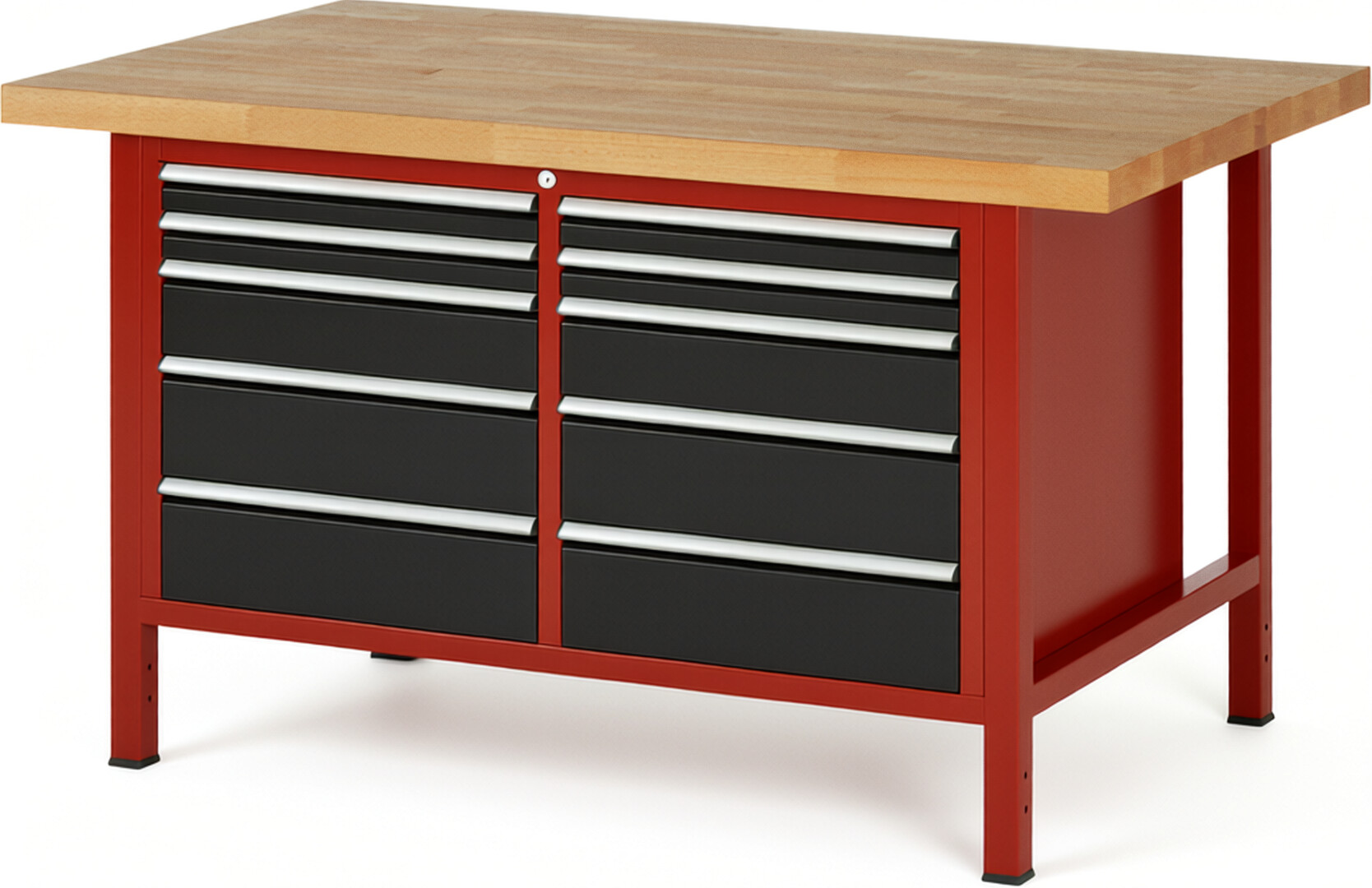 RAU Werkbank rot - schwarz - Breite 150 cm - Tiefe 90 cm - Höhe 84 cm - Buche-Massiv Arbeitsplatte 40 mm