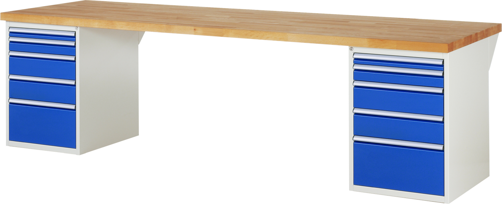 Werkbank Modell 7511 rot - schwarz, BxTxH 3000x900x890 mm,  Buche-Massiv Arbeitsplatte 40 mm,  10 Schubladen mit  Auszug 90 %