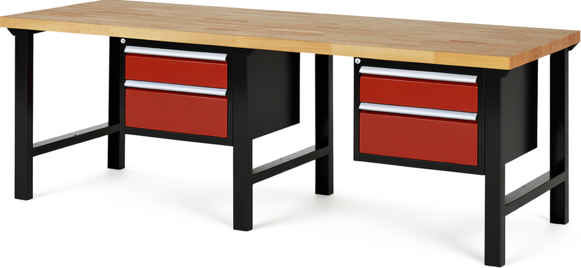 RAU Werkbank schwarz - rot - Breite 250 cm - Tiefe 90 cm - Höhe 84 cm - Buche-Massiv Arbeitsplatte 40 mm