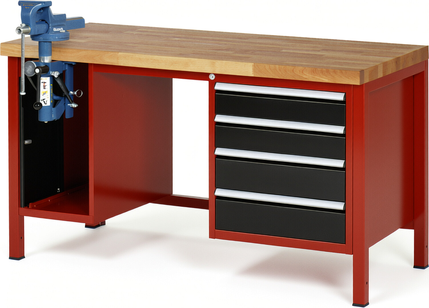 Werkbank Modell 8185 rot - schwarz, BxTxH 1500x700x840 mm,  Buche-Massiv Arbeitsplatte 40 mm,  4 Schubladen mit  Vollauszug 100 % und  SoftClosing