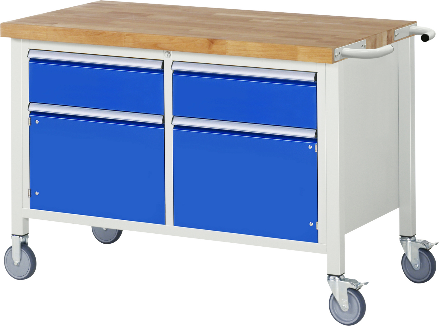 Fahrbare Werkbank Modell 8466 rot - schwarz, BxTxH 1250x700x880-1080 mm,  Buche-Massiv Arbeitsplatte 40 mm,  2 Schubladen mit  Vollauszug 100 % und  SoftClosing