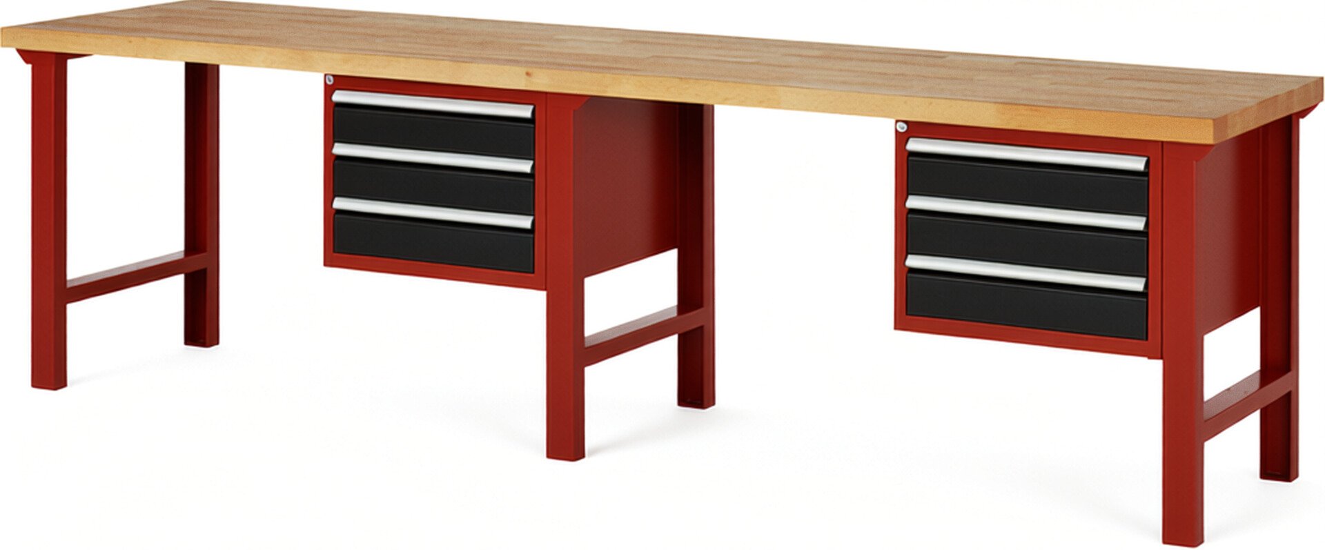 Werkbank Modell 7127 rot - schwarz, BxTxH 3000x700x840 mm,  Buche-Massiv Arbeitsplatte 40 mm,  6 Schubladen mit  Vollauszug 100 % und  SoftClosing