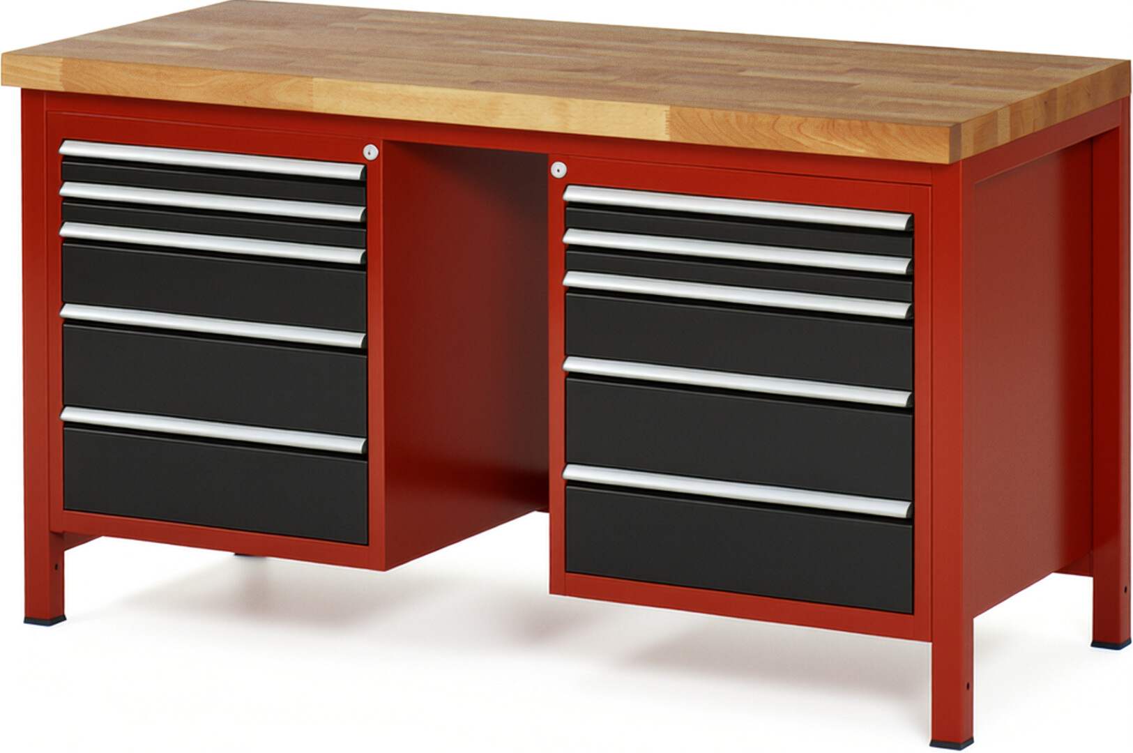Werkbank Modell 8184 rot - schwarz, BxTxH 1500x700x840-1040 mm,  Buche-Massiv Arbeitsplatte 40 mm,  10 Schubladen mit  Auszug 90 %